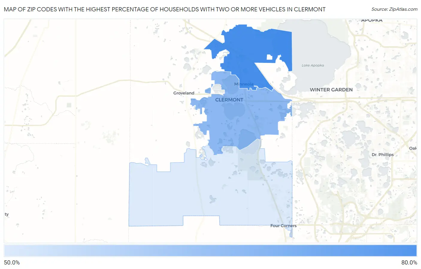 Zip Codes with the Highest Percentage of Households With Two or more Vehicles in Clermont Map
