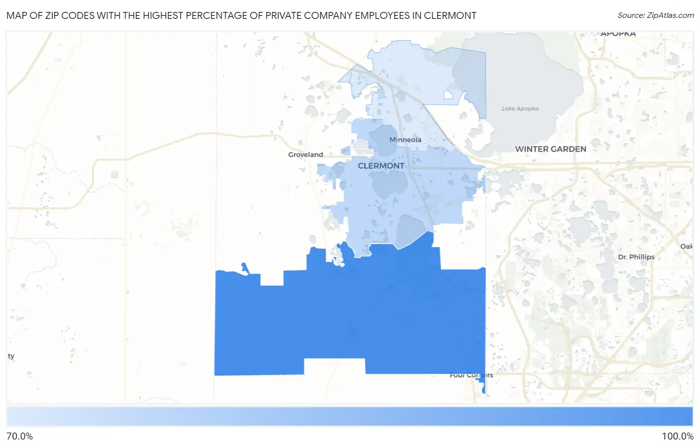 Zip Codes with the Highest Percentage of Private Company Employees in Clermont Map