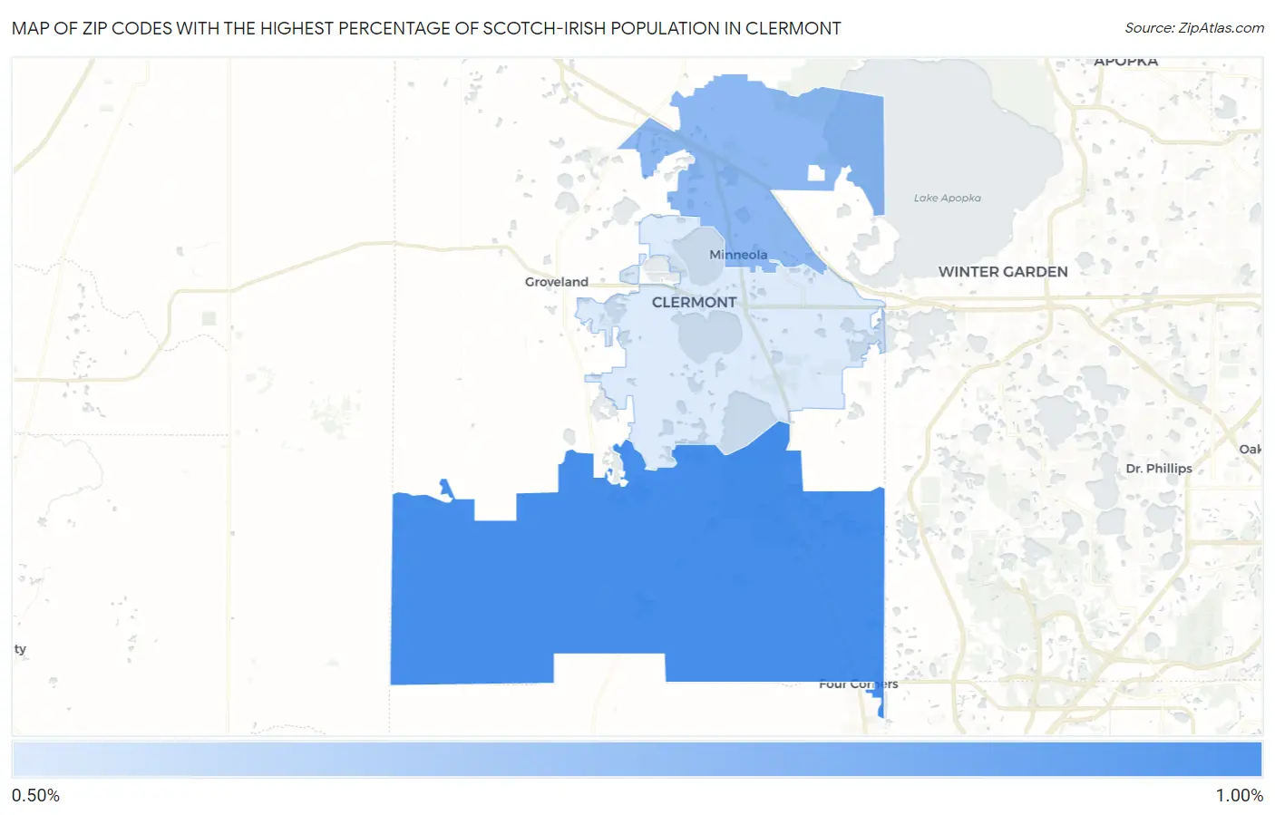 Zip Codes with the Highest Percentage of Scotch-Irish Population in Clermont Map
