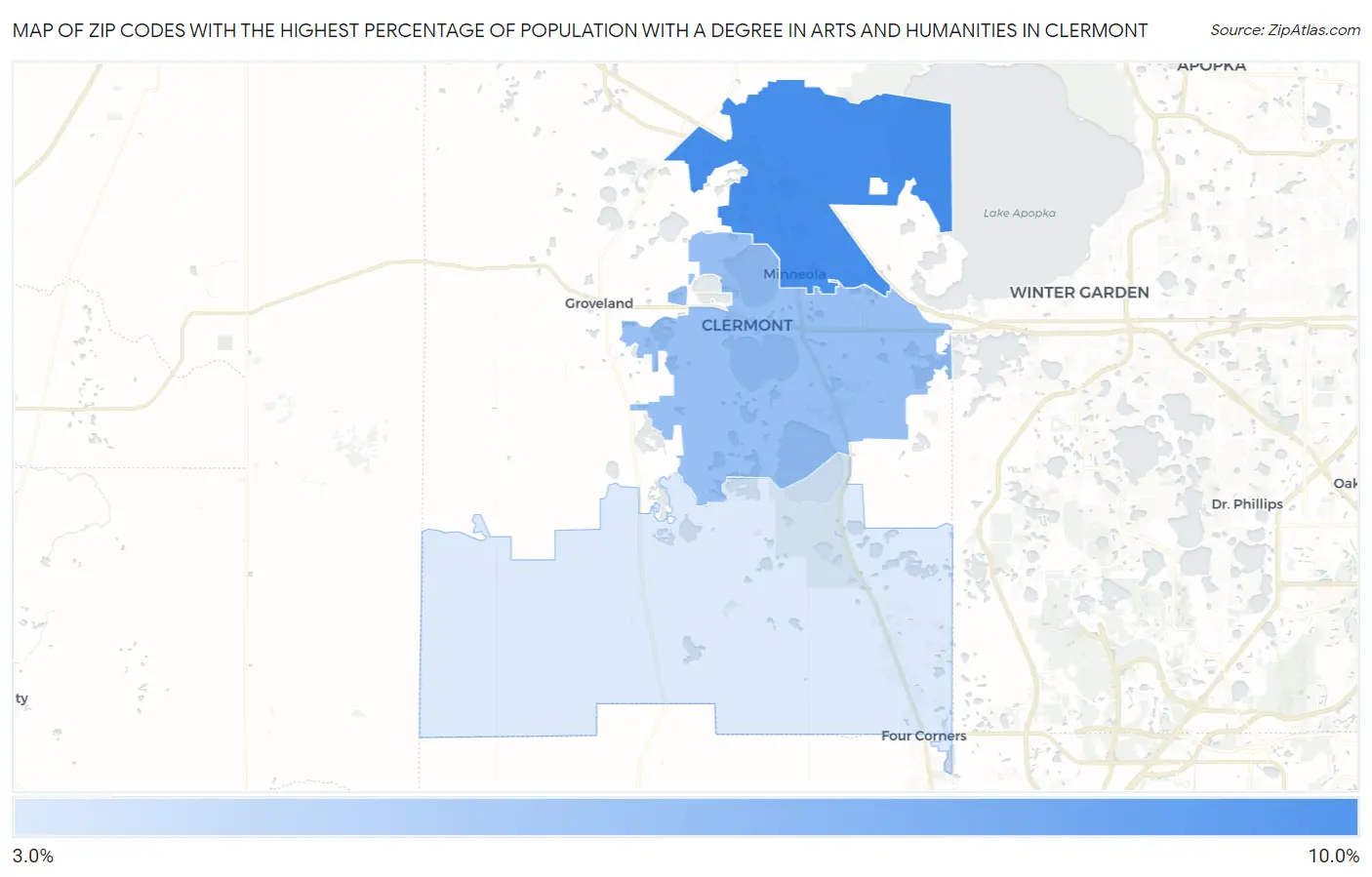 Zip Codes with the Highest Percentage of Population with a Degree in Arts and Humanities in Clermont Map