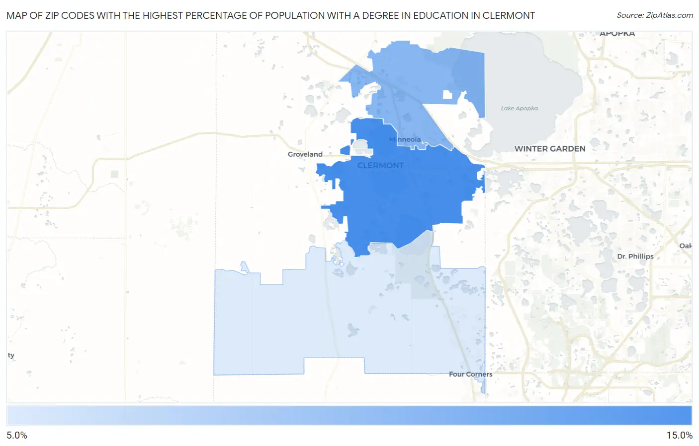 Zip Codes with the Highest Percentage of Population with a Degree in Education in Clermont Map