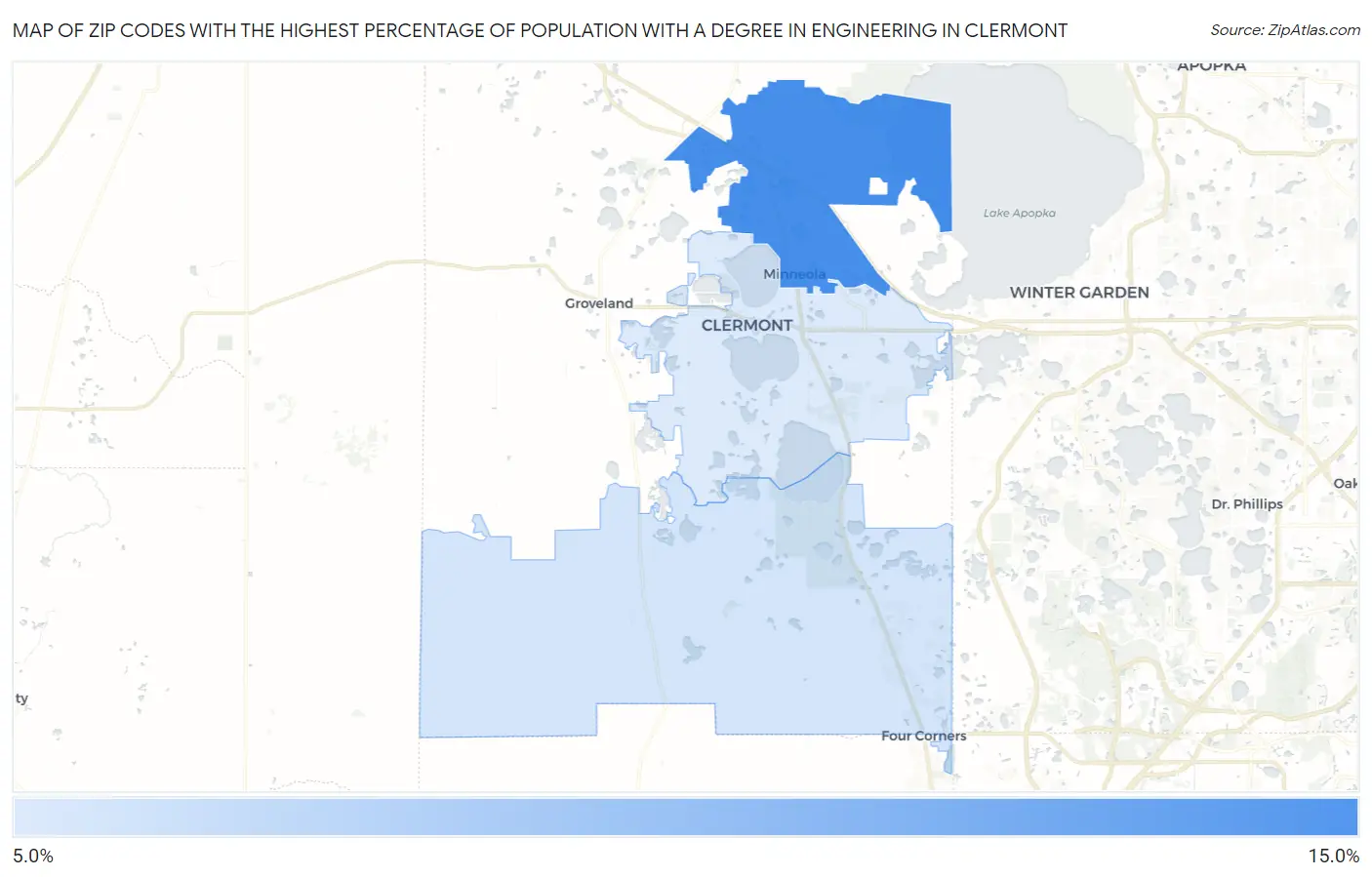 Zip Codes with the Highest Percentage of Population with a Degree in Engineering in Clermont Map