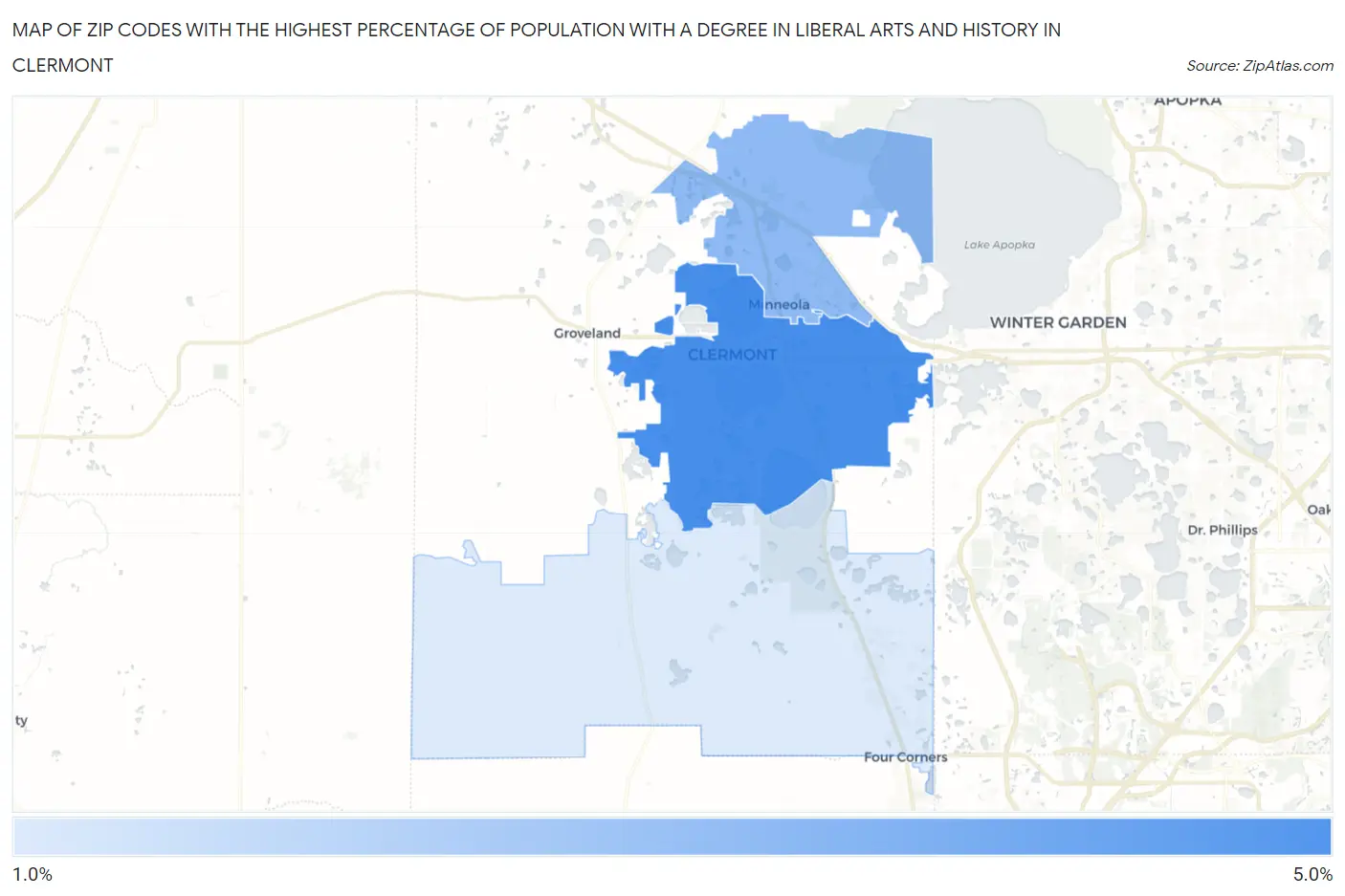 Zip Codes with the Highest Percentage of Population with a Degree in Liberal Arts and History in Clermont Map