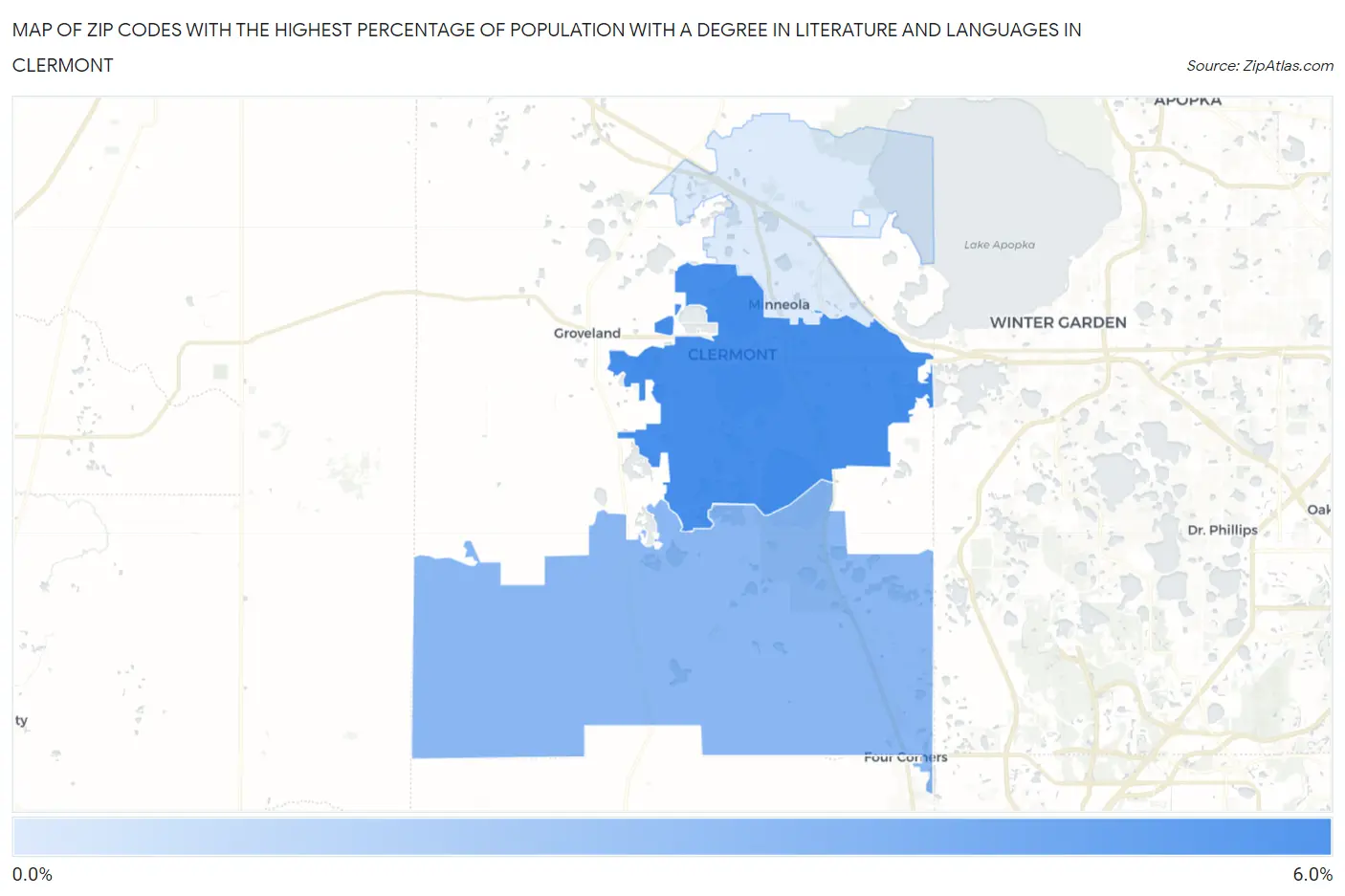 Zip Codes with the Highest Percentage of Population with a Degree in Literature and Languages in Clermont Map