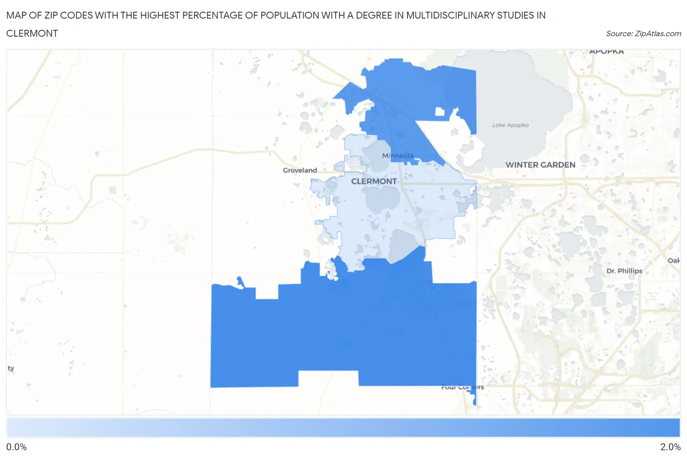 Zip Codes with the Highest Percentage of Population with a Degree in Multidisciplinary Studies in Clermont Map