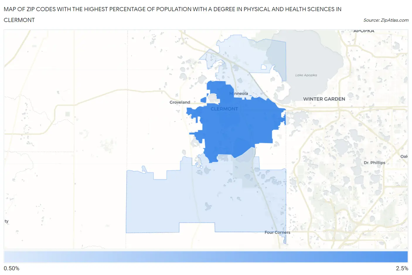 Zip Codes with the Highest Percentage of Population with a Degree in Physical and Health Sciences in Clermont Map
