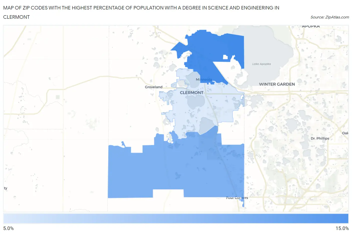 Zip Codes with the Highest Percentage of Population with a Degree in Science and Engineering in Clermont Map
