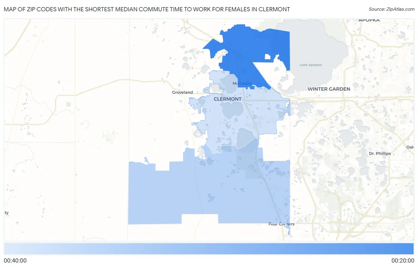 Zip Codes with the Shortest Median Commute Time to Work for Females in Clermont Map