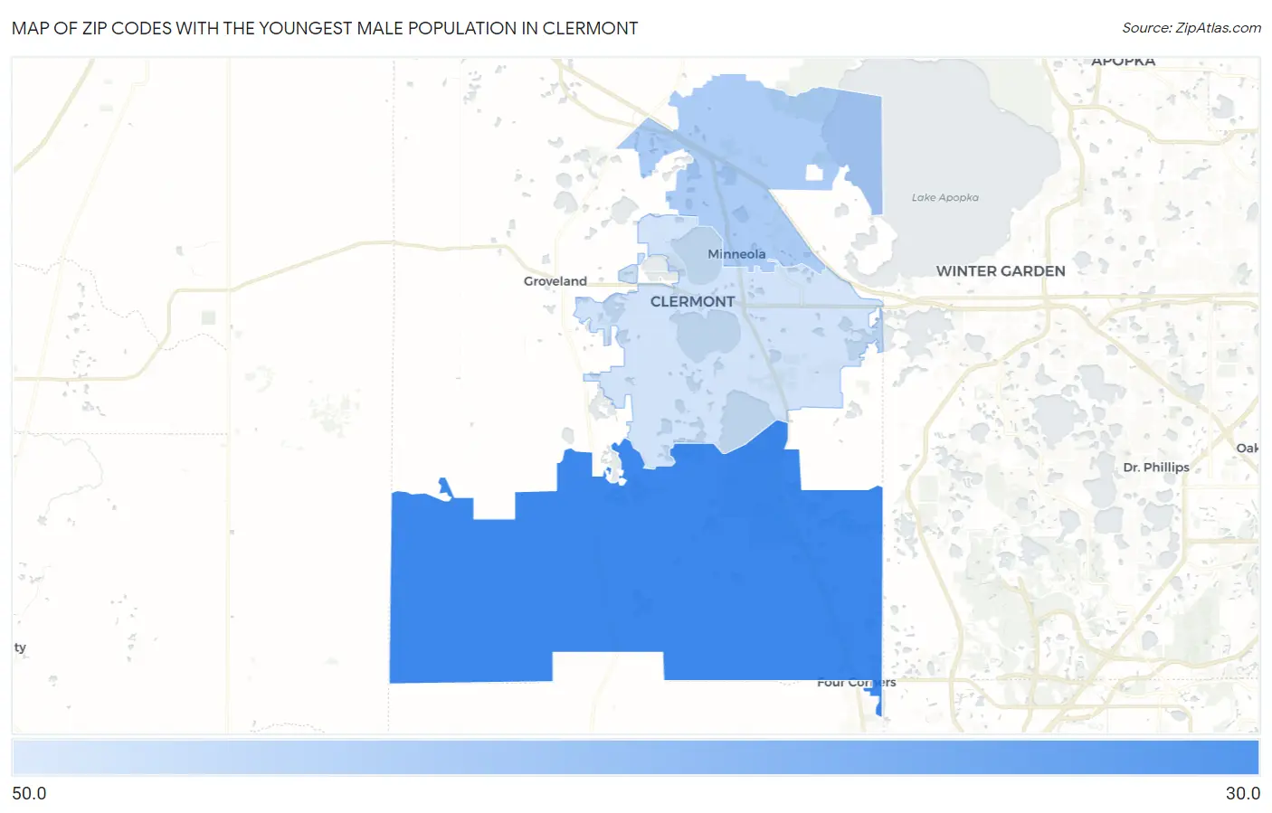 Zip Codes with the Youngest Male Population in Clermont Map