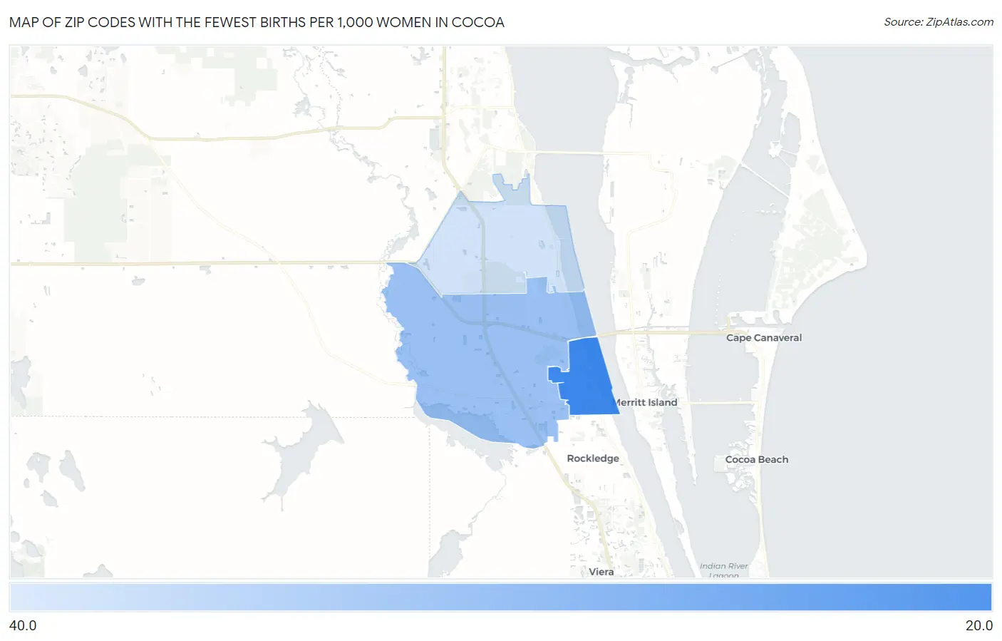 Zip Codes with the Fewest Births per 1,000 Women in Cocoa Map