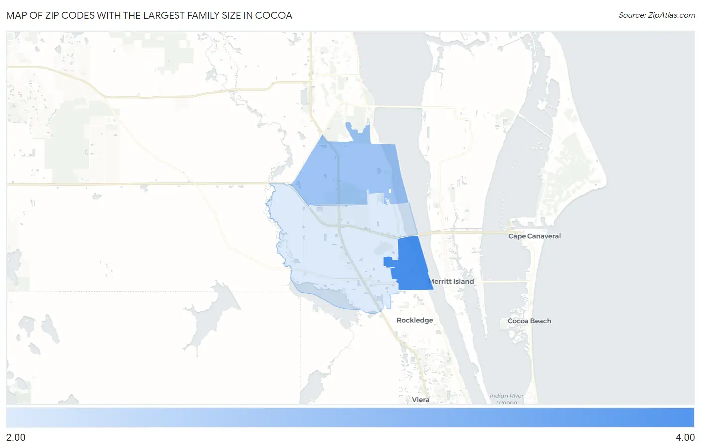 Zip Codes with the Largest Family Size in Cocoa Map