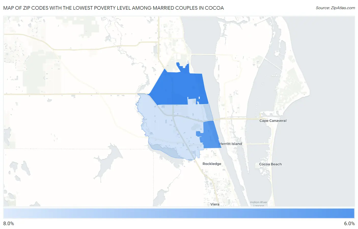 Zip Codes with the Lowest Poverty Level Among Married Couples in Cocoa Map