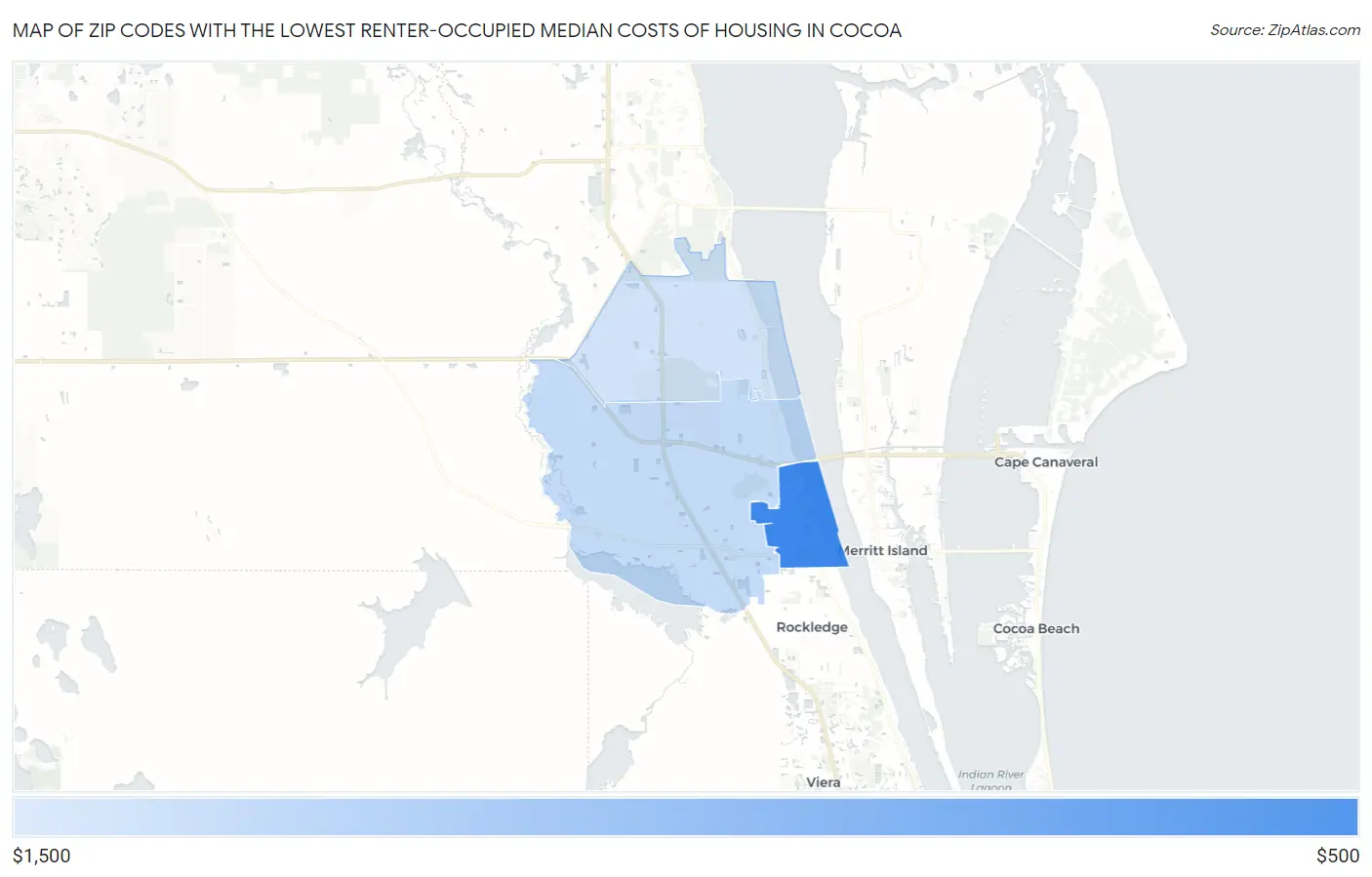 Zip Codes with the Lowest Renter-Occupied Median Costs of Housing in Cocoa Map