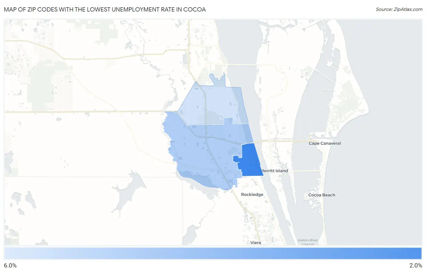 Zip Codes with the Lowest Unemployment Rate in Cocoa Map
