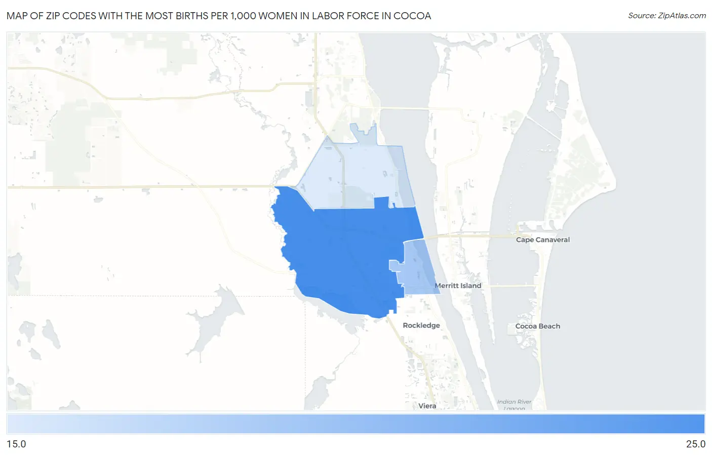 Zip Codes with the Most Births per 1,000 Women in Labor Force in Cocoa Map