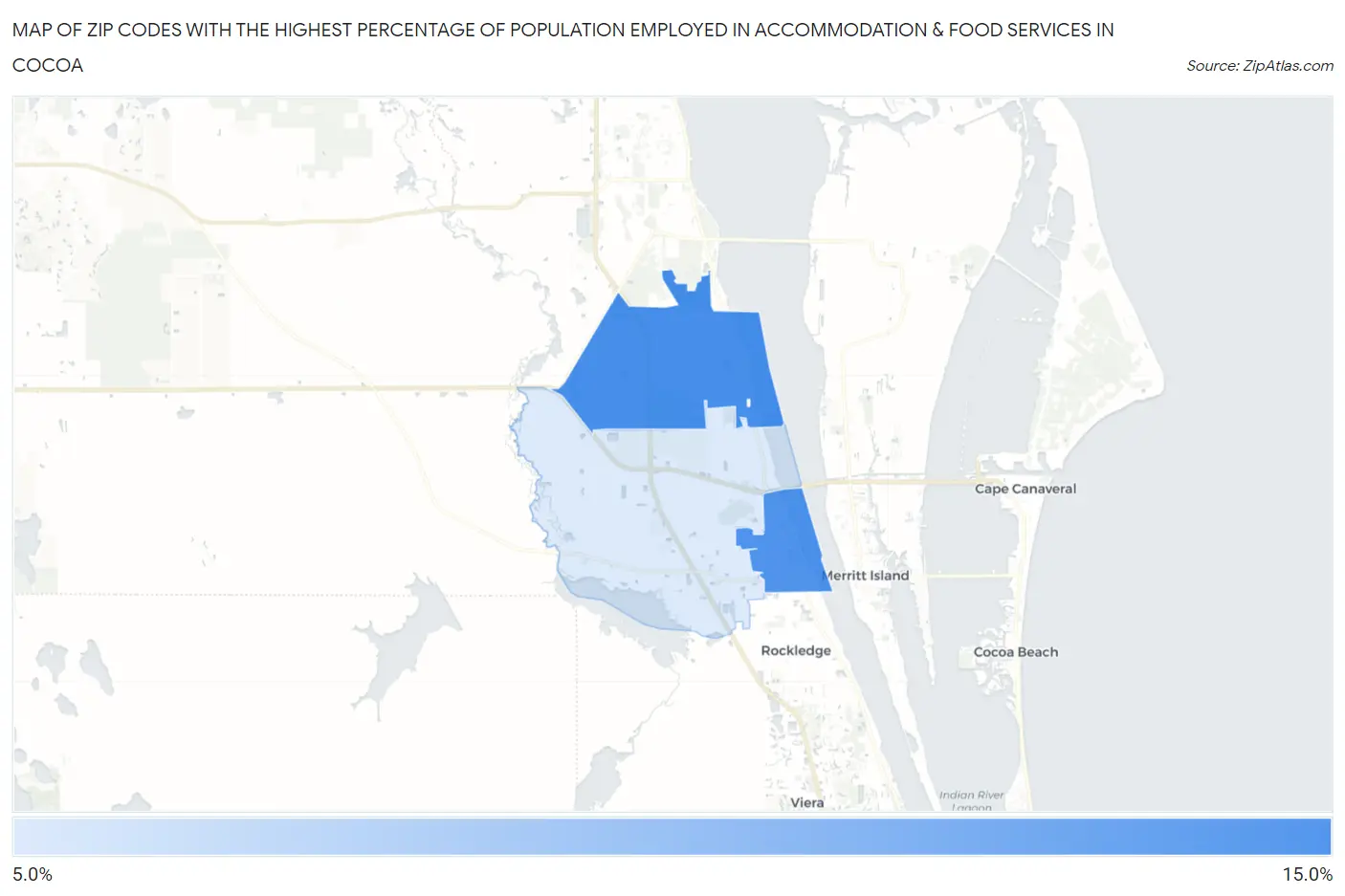 Zip Codes with the Highest Percentage of Population Employed in Accommodation & Food Services in Cocoa Map