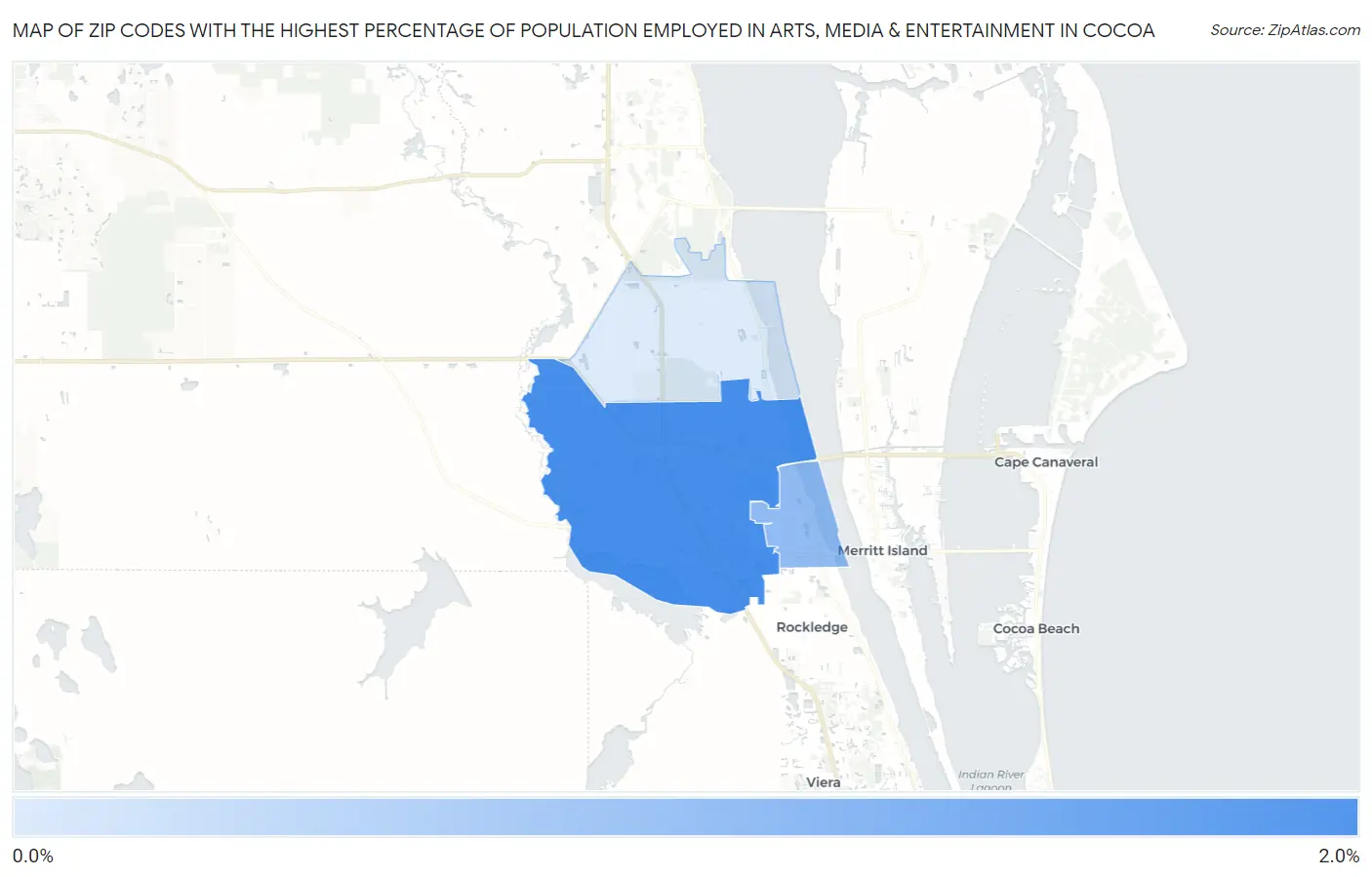 Zip Codes with the Highest Percentage of Population Employed in Arts, Media & Entertainment in Cocoa Map