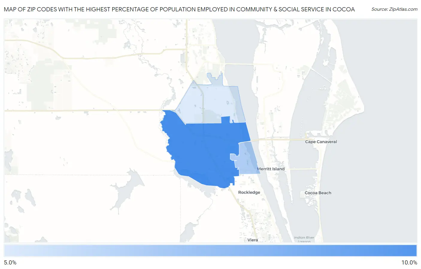 Zip Codes with the Highest Percentage of Population Employed in Community & Social Service  in Cocoa Map
