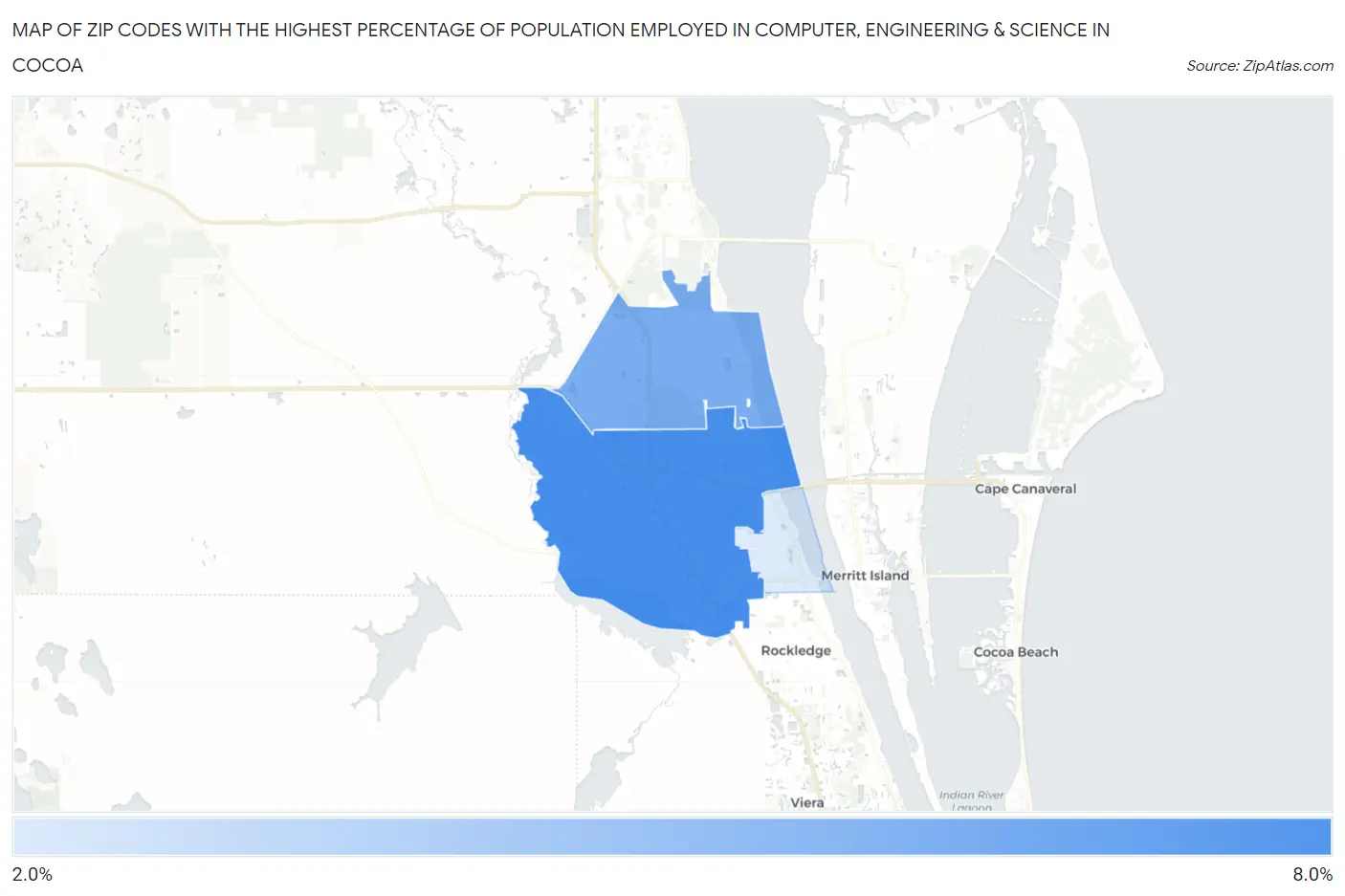 Zip Codes with the Highest Percentage of Population Employed in Computer, Engineering & Science in Cocoa Map