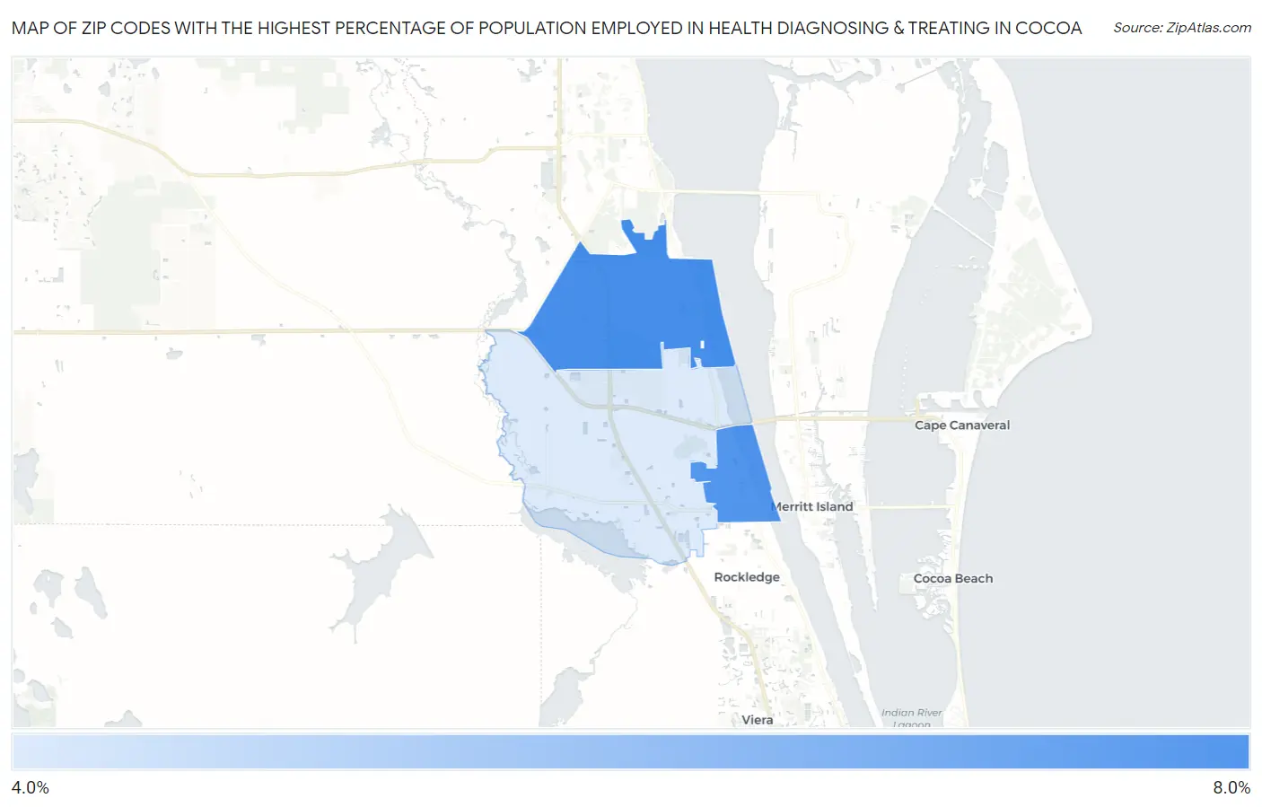 Zip Codes with the Highest Percentage of Population Employed in Health Diagnosing & Treating in Cocoa Map