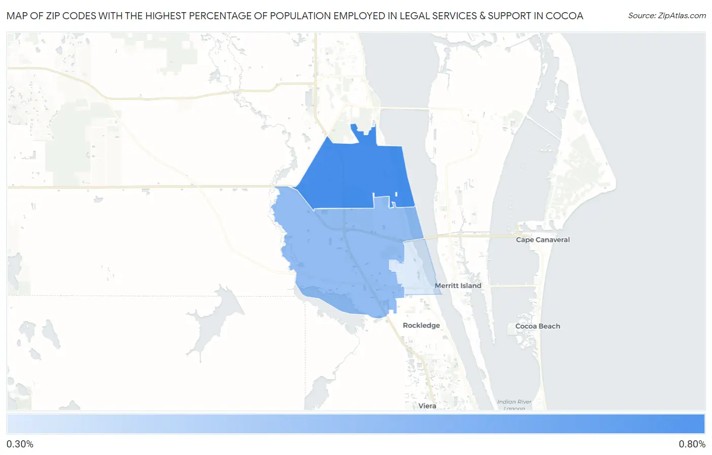 Zip Codes with the Highest Percentage of Population Employed in Legal Services & Support in Cocoa Map