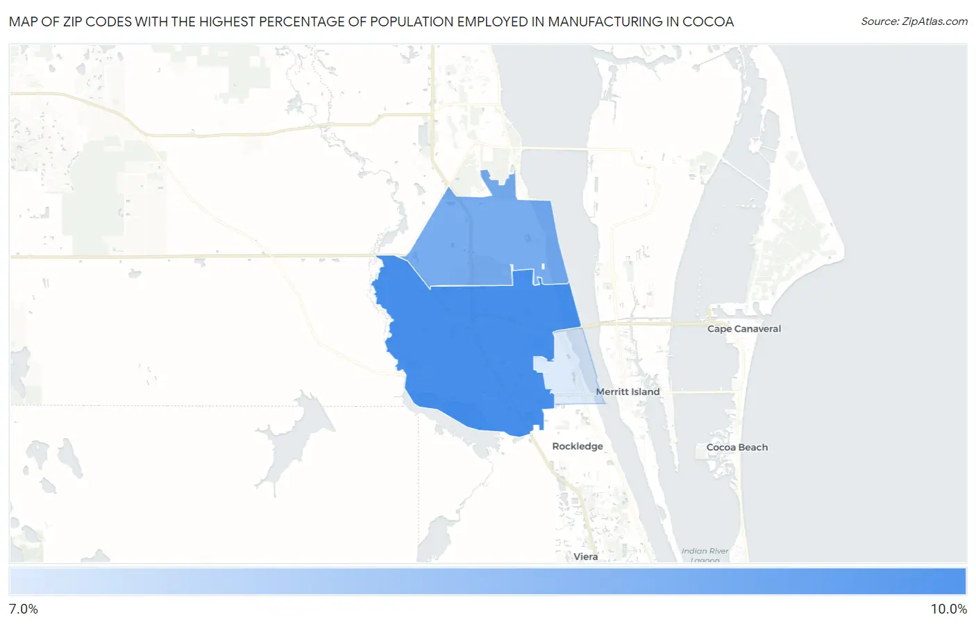 Zip Codes with the Highest Percentage of Population Employed in Manufacturing in Cocoa Map