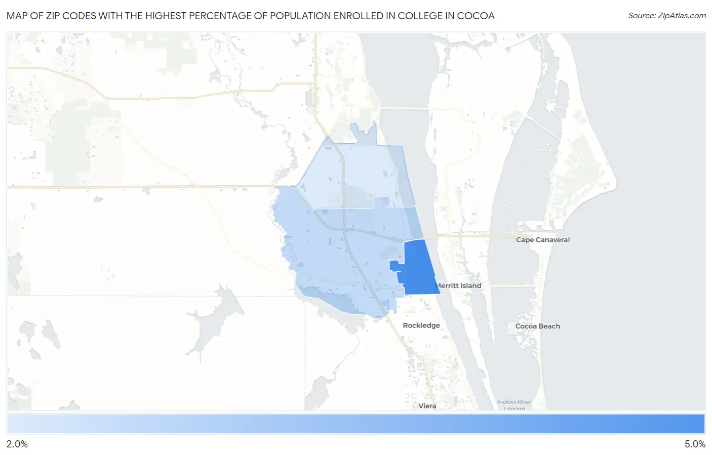 Zip Codes with the Highest Percentage of Population Enrolled in College in Cocoa Map