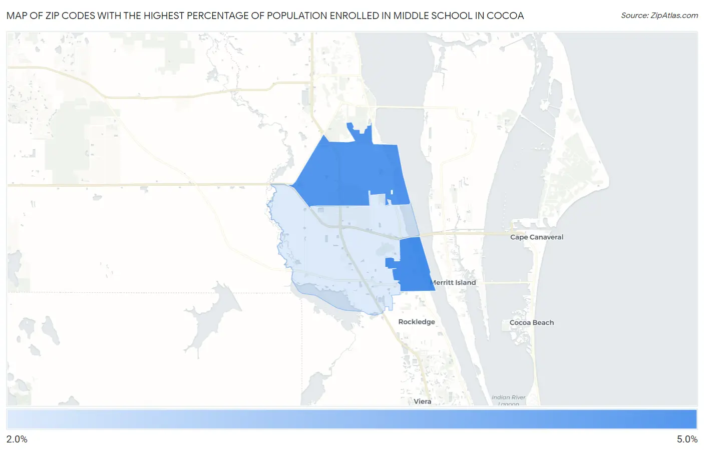 Zip Codes with the Highest Percentage of Population Enrolled in Middle School in Cocoa Map