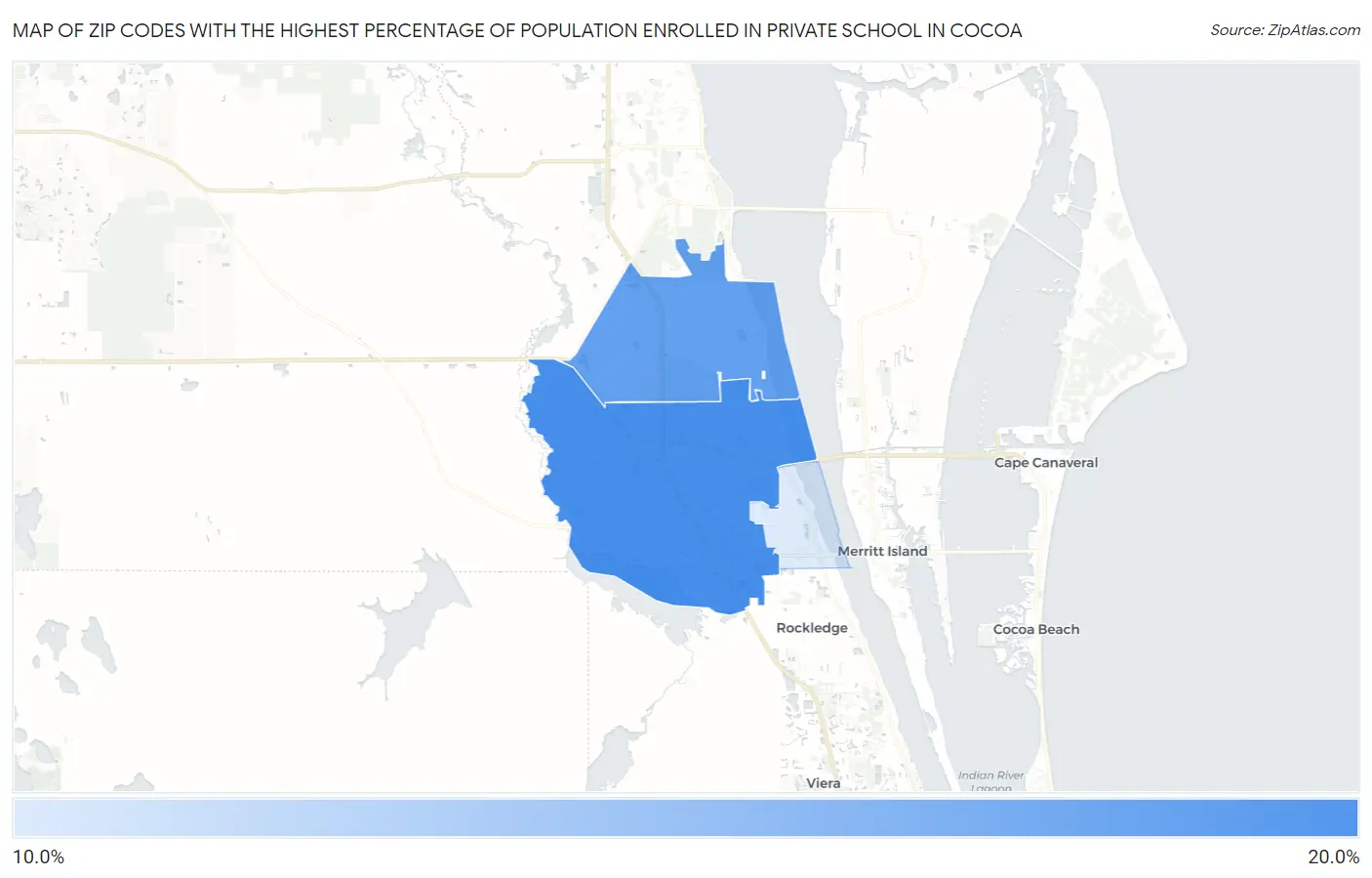 Zip Codes with the Highest Percentage of Population Enrolled in Private School in Cocoa Map