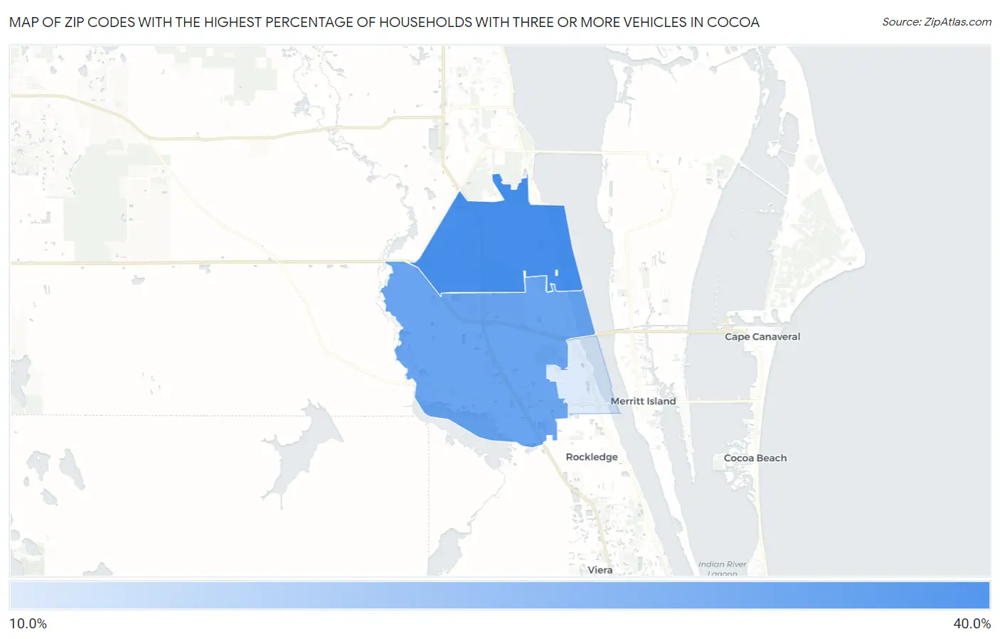 Zip Codes with the Highest Percentage of Households With Three or more Vehicles in Cocoa Map