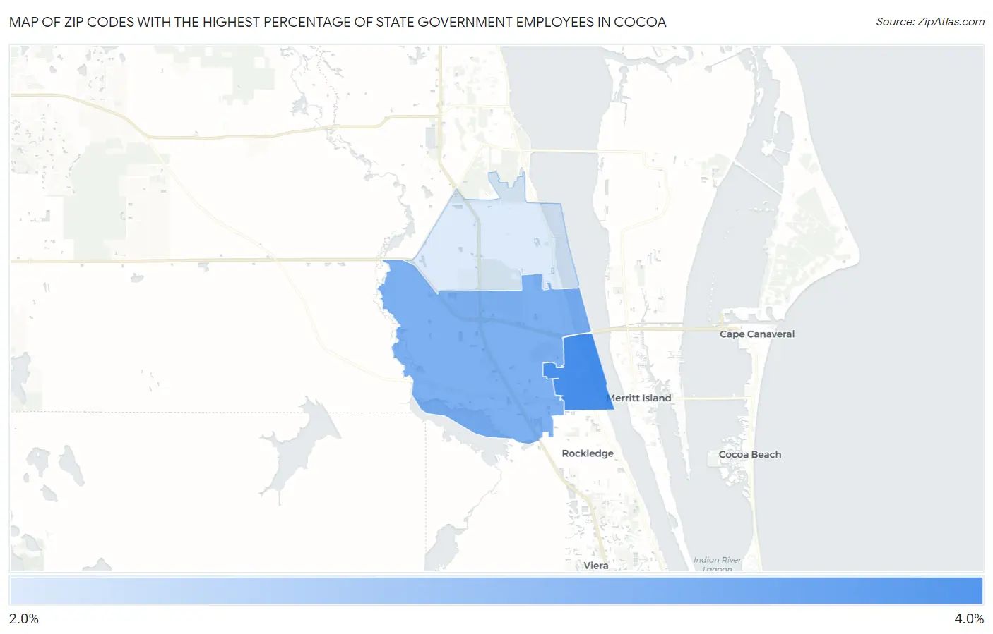 Zip Codes with the Highest Percentage of State Government Employees in Cocoa Map