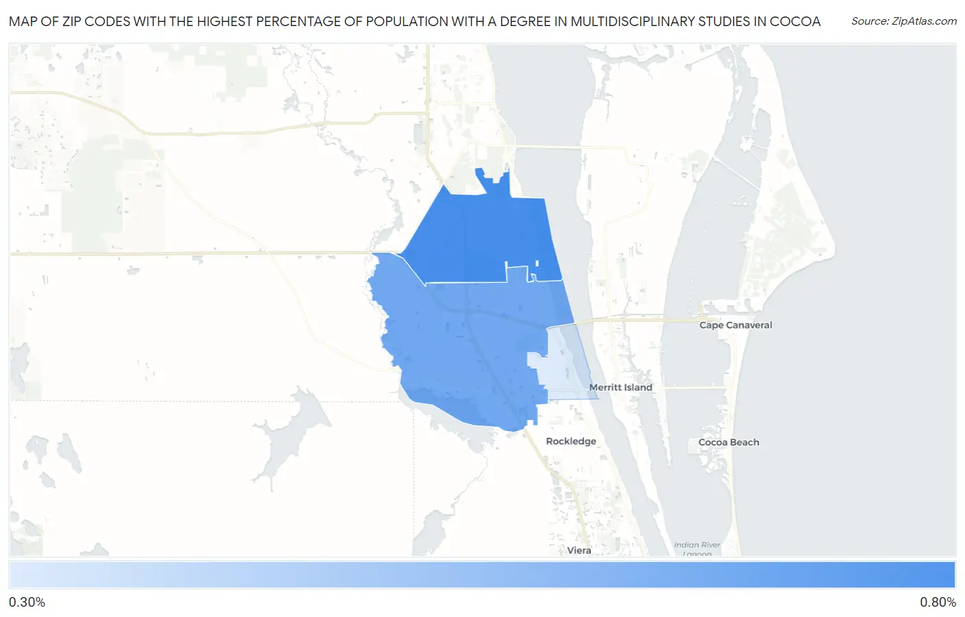Zip Codes with the Highest Percentage of Population with a Degree in Multidisciplinary Studies in Cocoa Map