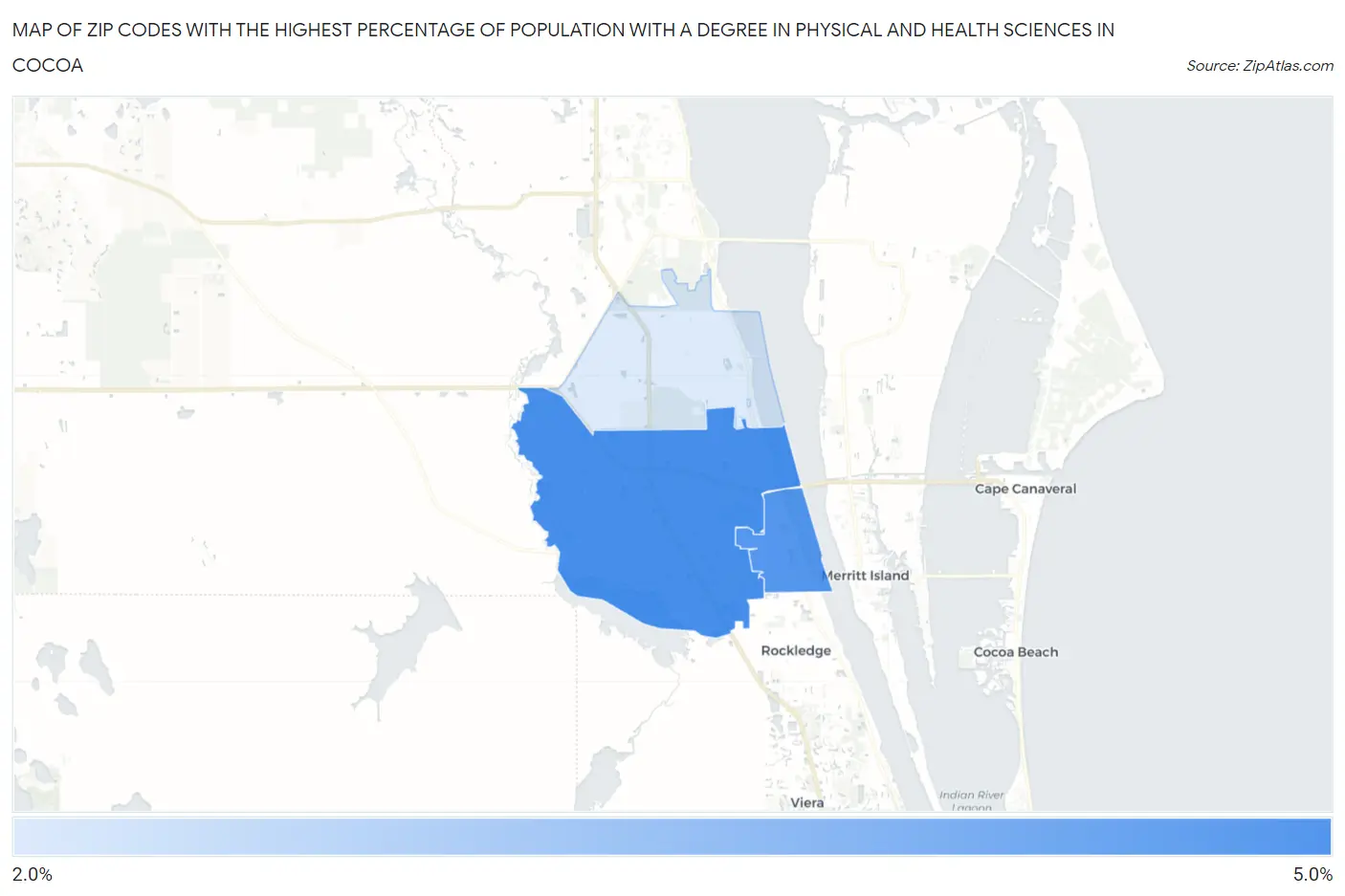 Zip Codes with the Highest Percentage of Population with a Degree in Physical and Health Sciences in Cocoa Map