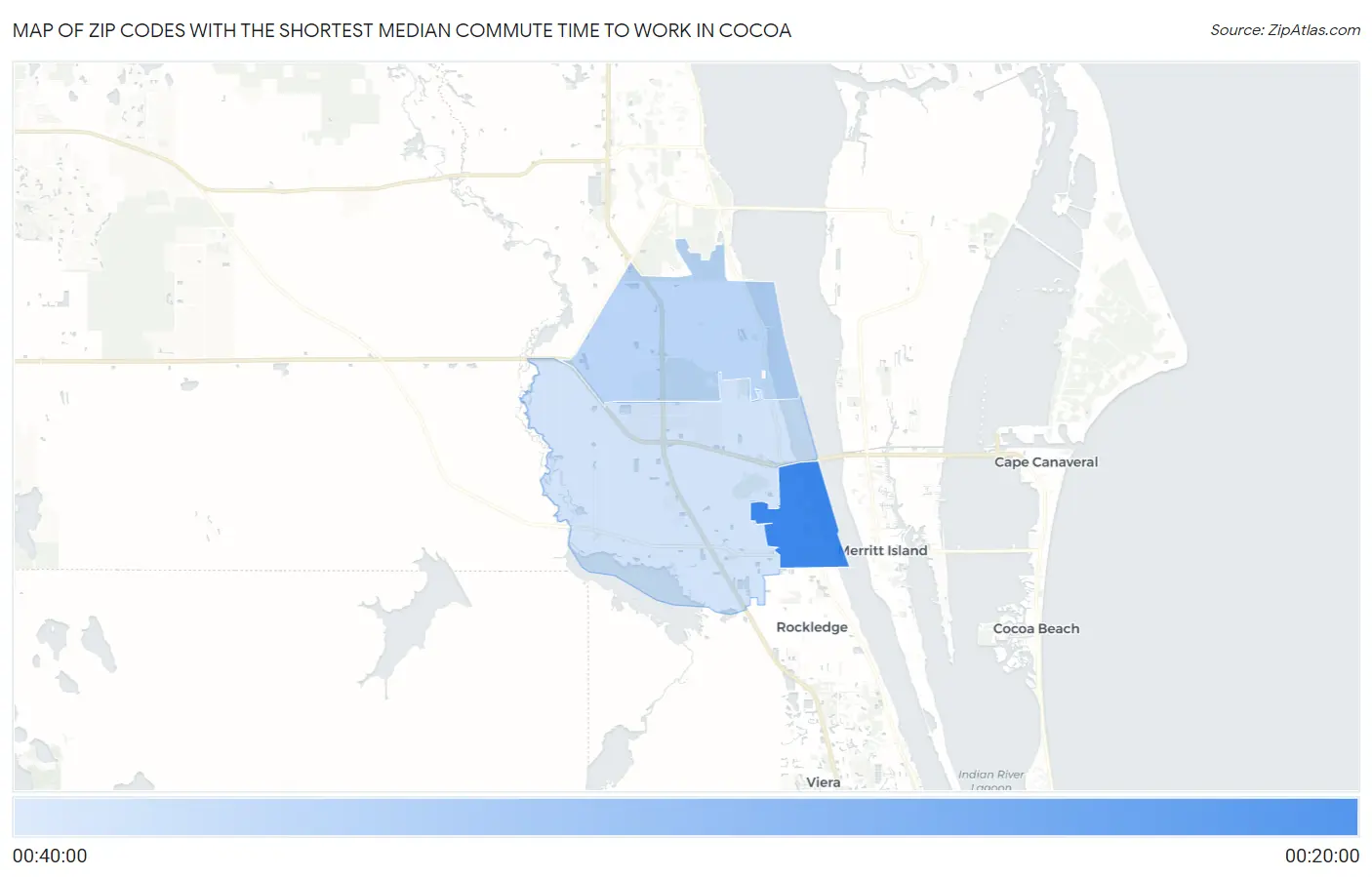 Zip Codes with the Shortest Median Commute Time to Work in Cocoa Map