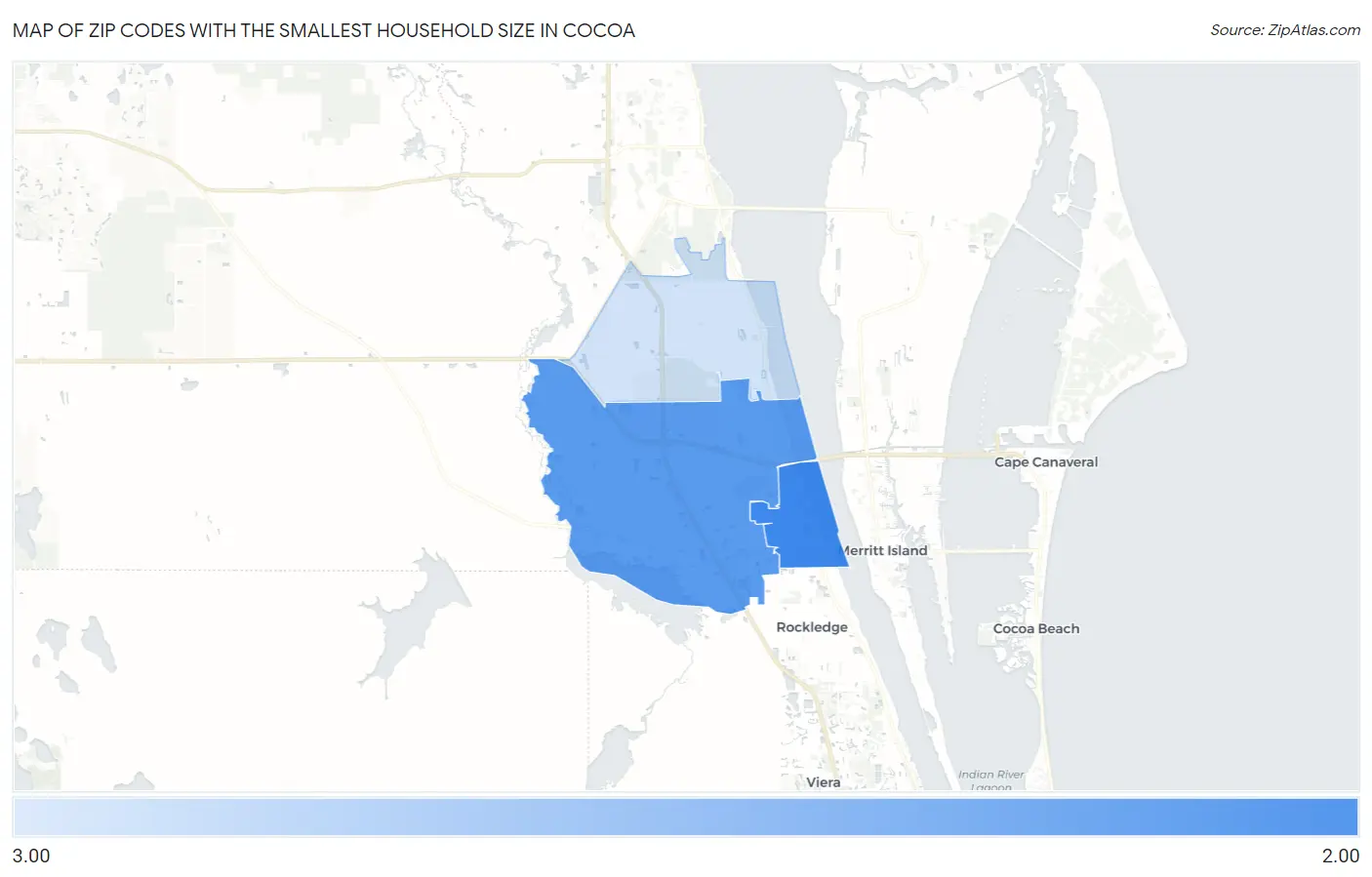 Zip Codes with the Smallest Household Size in Cocoa Map