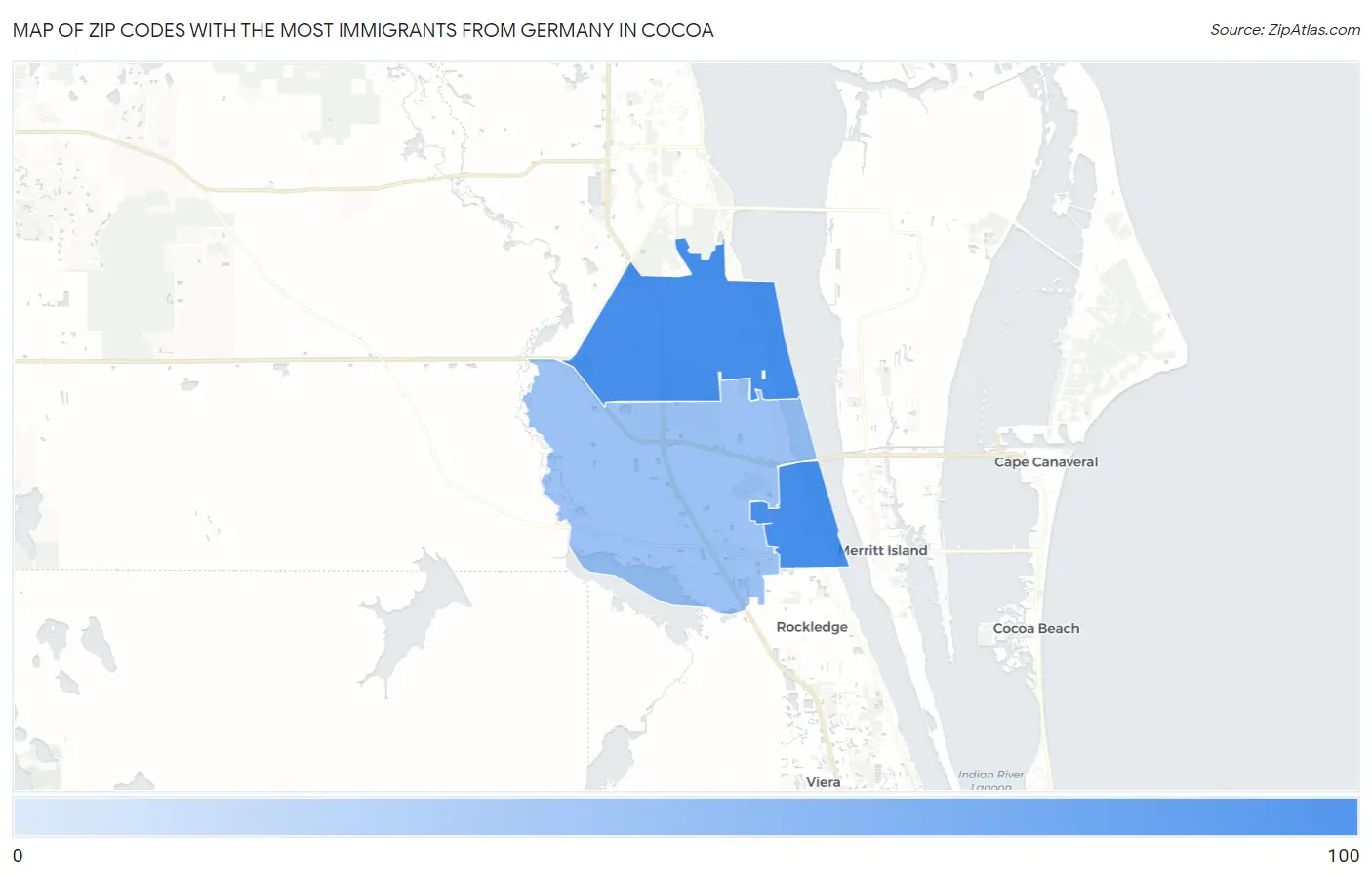 Zip Codes with the Most Immigrants from Germany in Cocoa Map