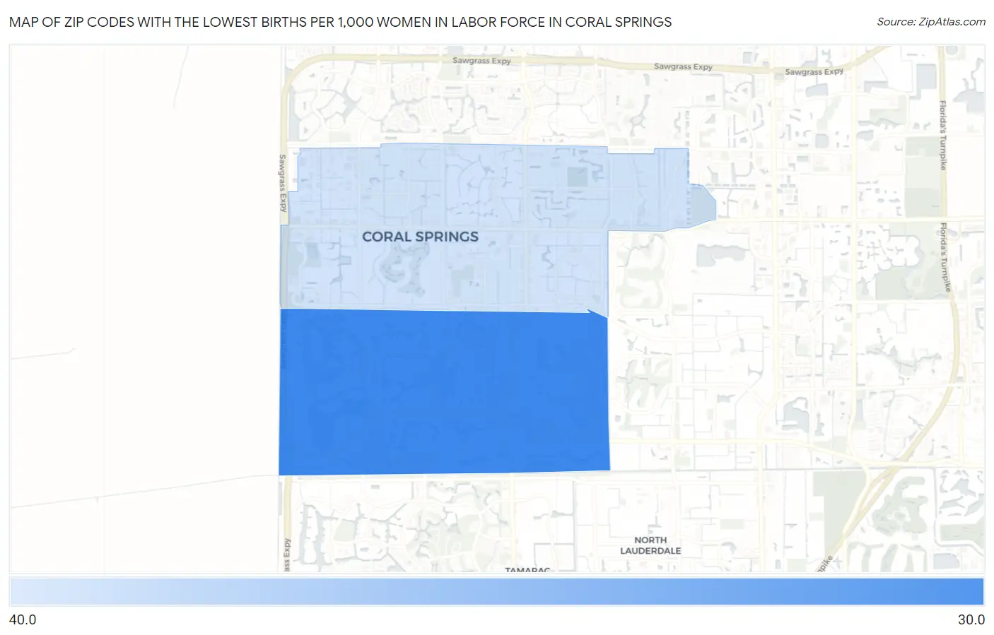 Zip Codes with the Lowest Births per 1,000 Women in Labor Force in Coral Springs Map