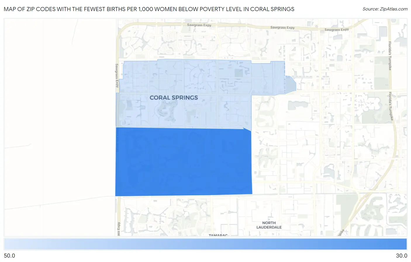 Zip Codes with the Fewest Births per 1,000 Women Below Poverty Level in Coral Springs Map