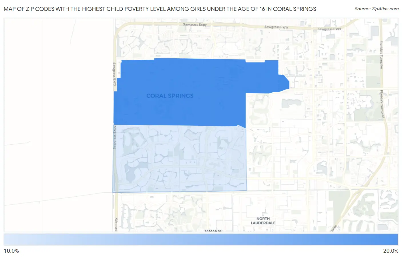 Zip Codes with the Highest Child Poverty Level Among Girls Under the Age of 16 in Coral Springs Map
