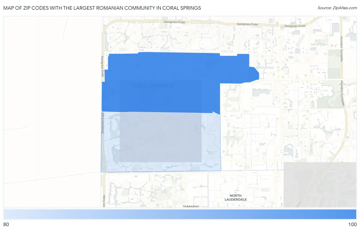 Zip Codes with the Largest Romanian Community in Coral Springs Map