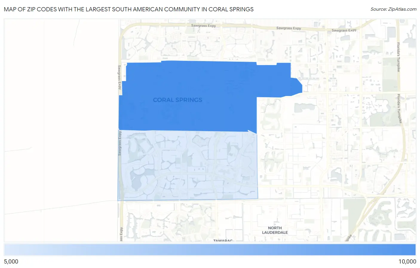 Zip Codes with the Largest South American Community in Coral Springs Map