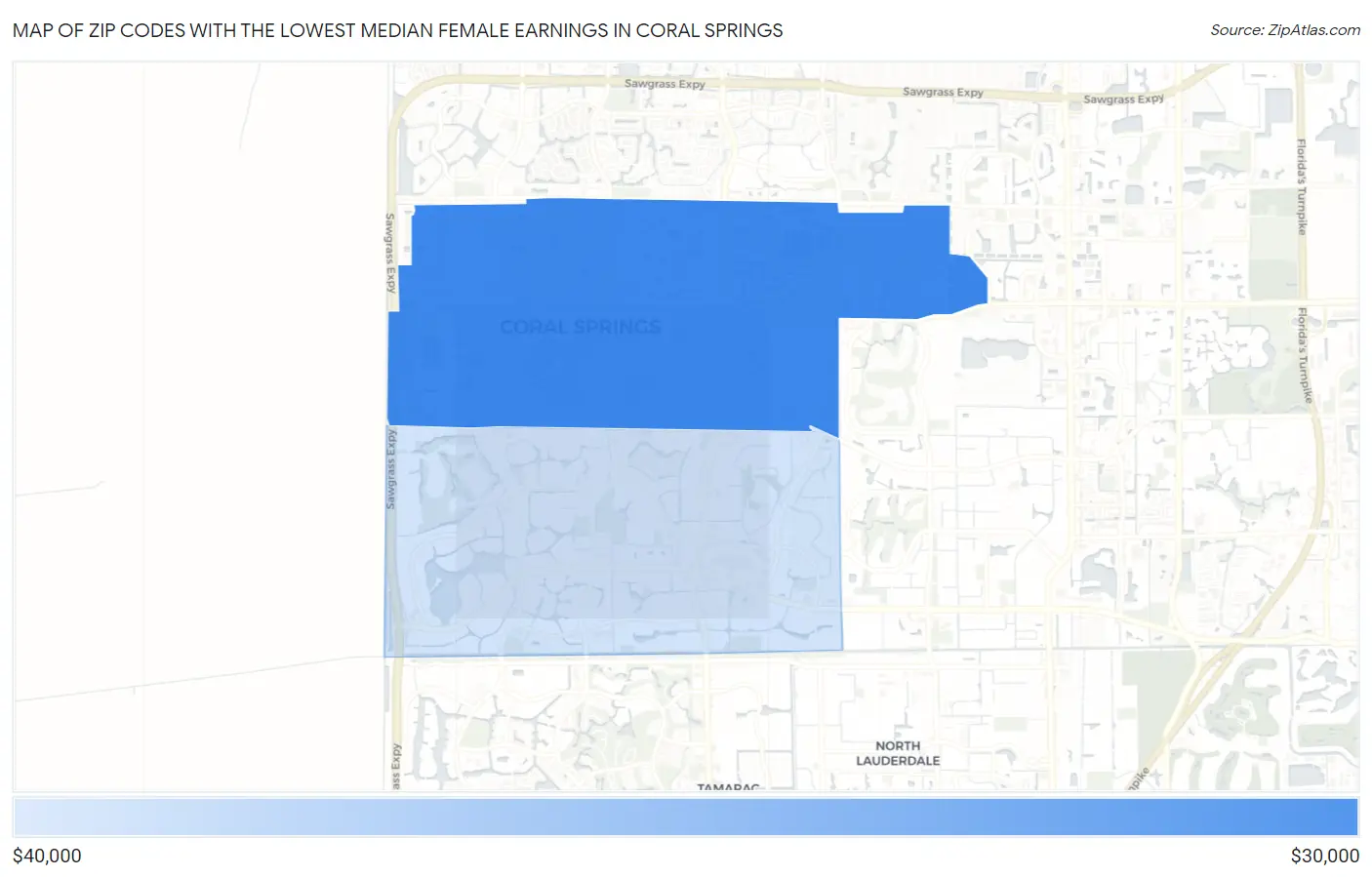 Zip Codes with the Lowest Median Female Earnings in Coral Springs Map