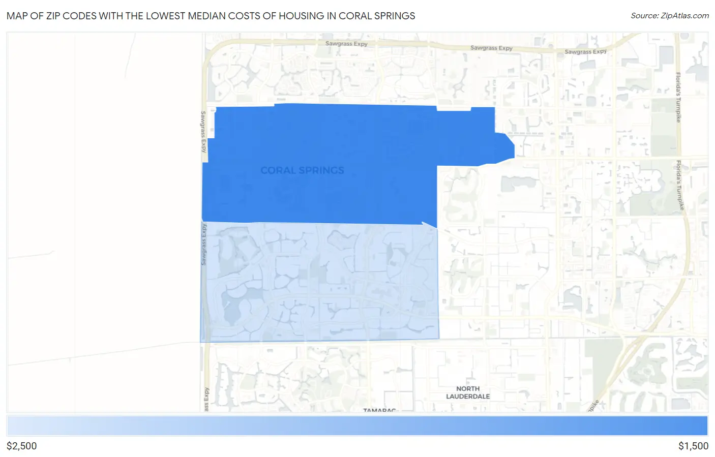 Zip Codes with the Lowest Median Costs of Housing in Coral Springs Map