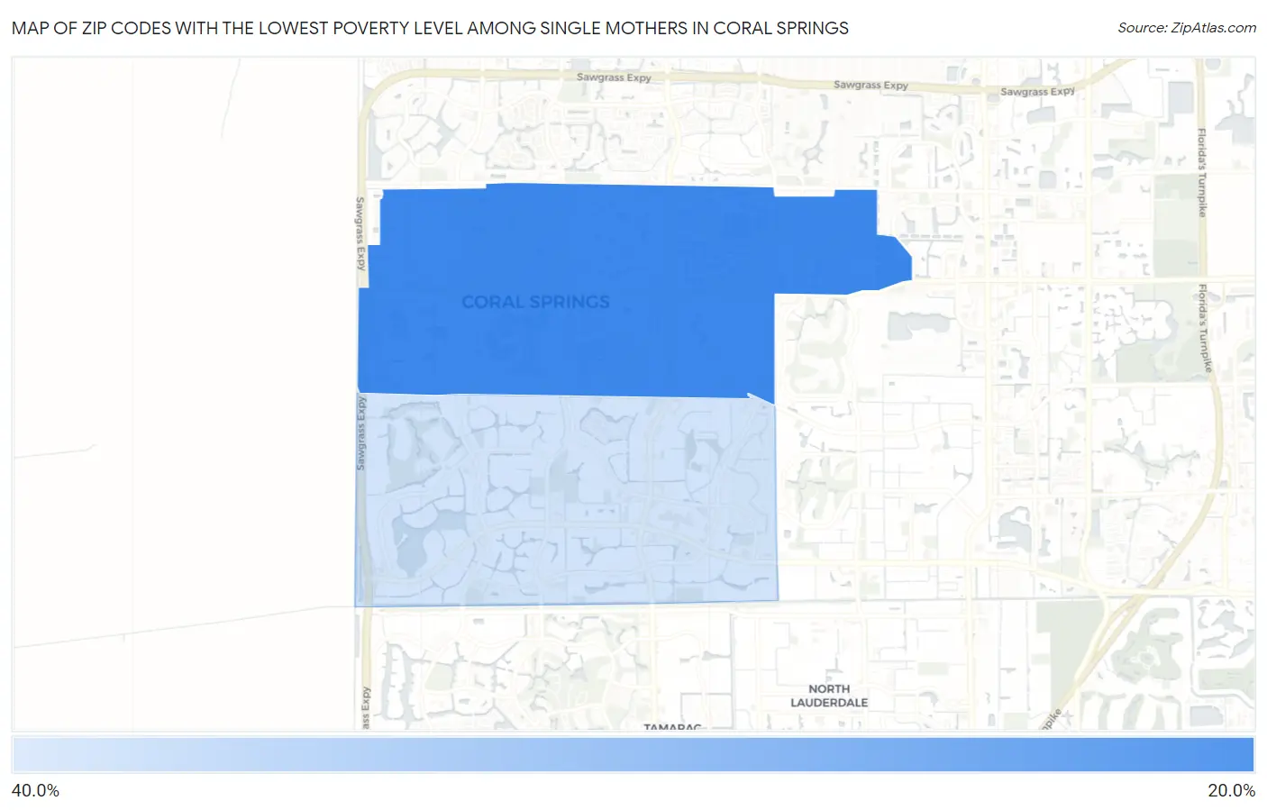 Zip Codes with the Lowest Poverty Level Among Single Mothers in Coral Springs Map
