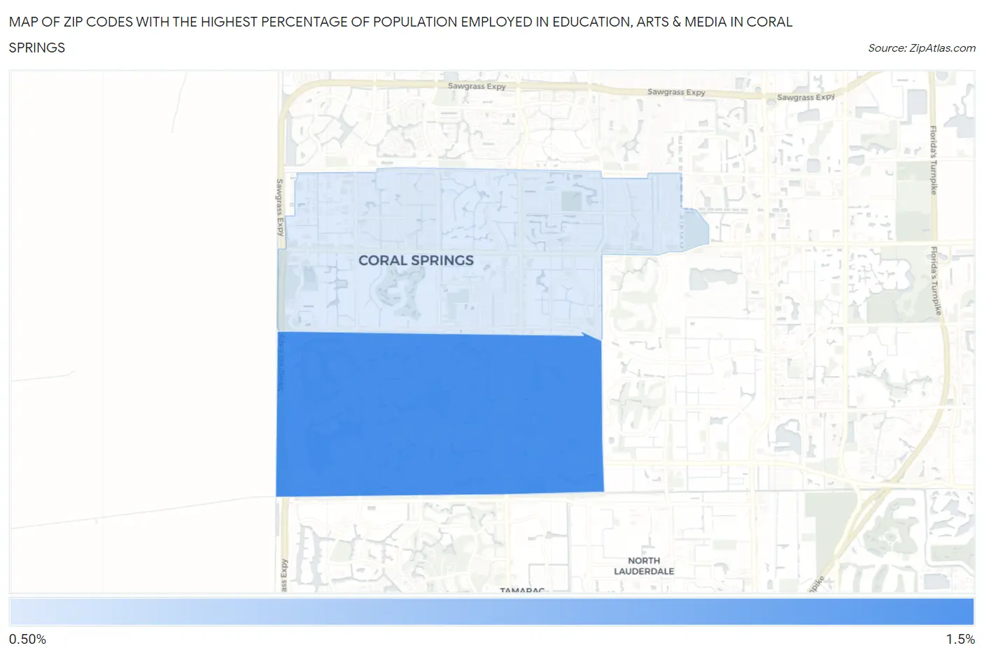 Zip Codes with the Highest Percentage of Population Employed in Education, Arts & Media in Coral Springs Map