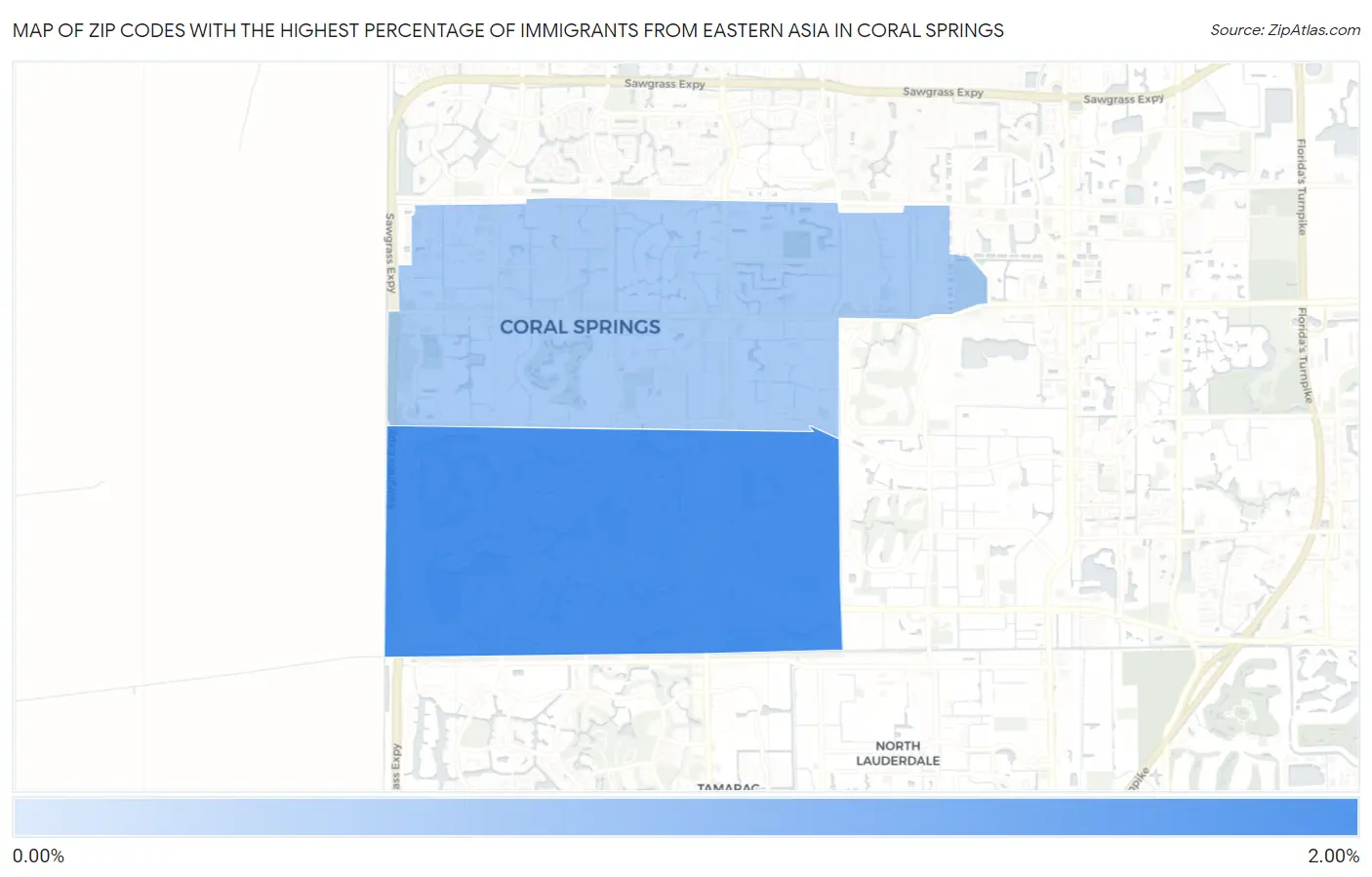 Zip Codes with the Highest Percentage of Immigrants from Eastern Asia in Coral Springs Map
