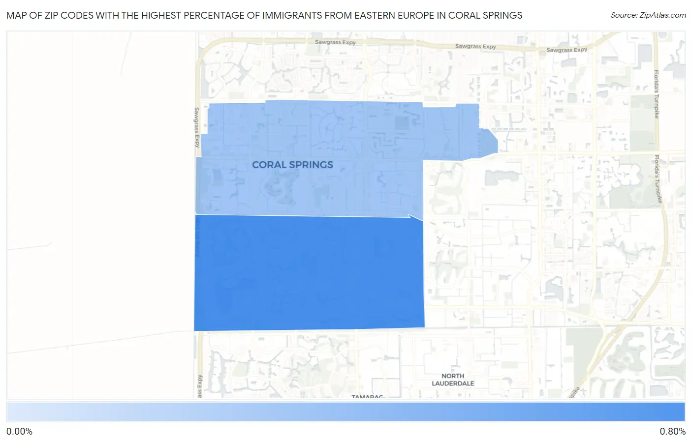 Zip Codes with the Highest Percentage of Immigrants from Eastern Europe in Coral Springs Map