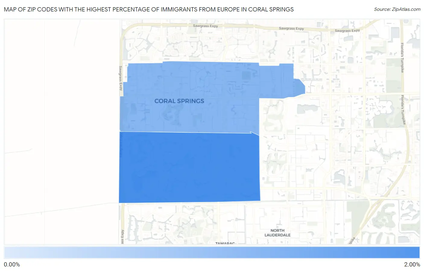 Zip Codes with the Highest Percentage of Immigrants from Europe in Coral Springs Map