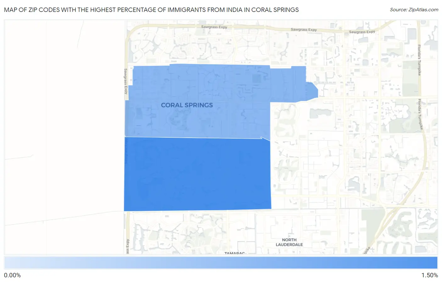 Zip Codes with the Highest Percentage of Immigrants from India in Coral Springs Map