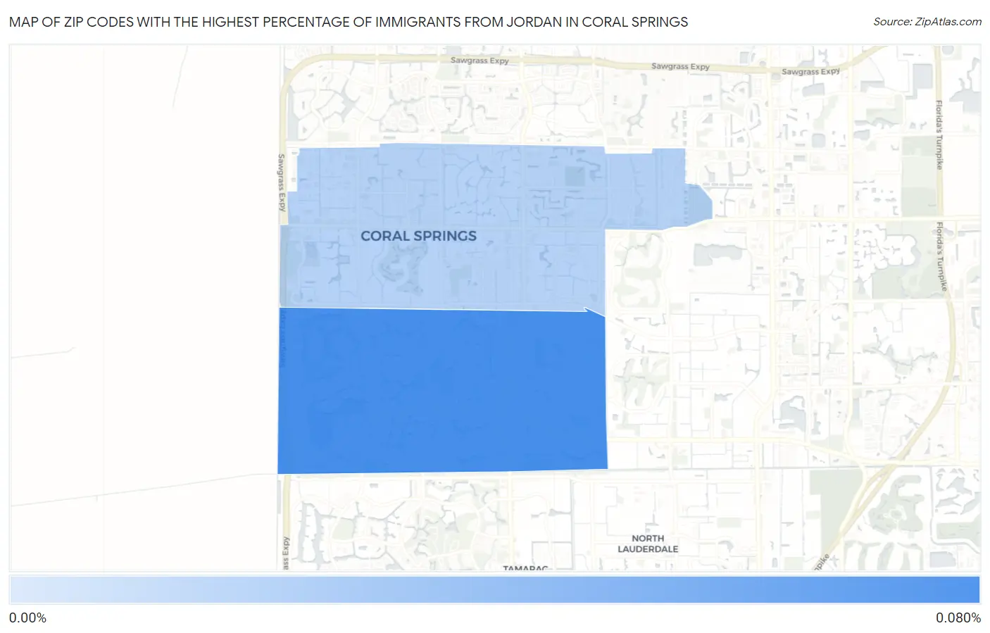 Zip Codes with the Highest Percentage of Immigrants from Jordan in Coral Springs Map